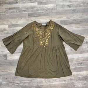 Denim 24/7 Olive Green Top 3/4 Sleeve, Metal Bead Detail F32